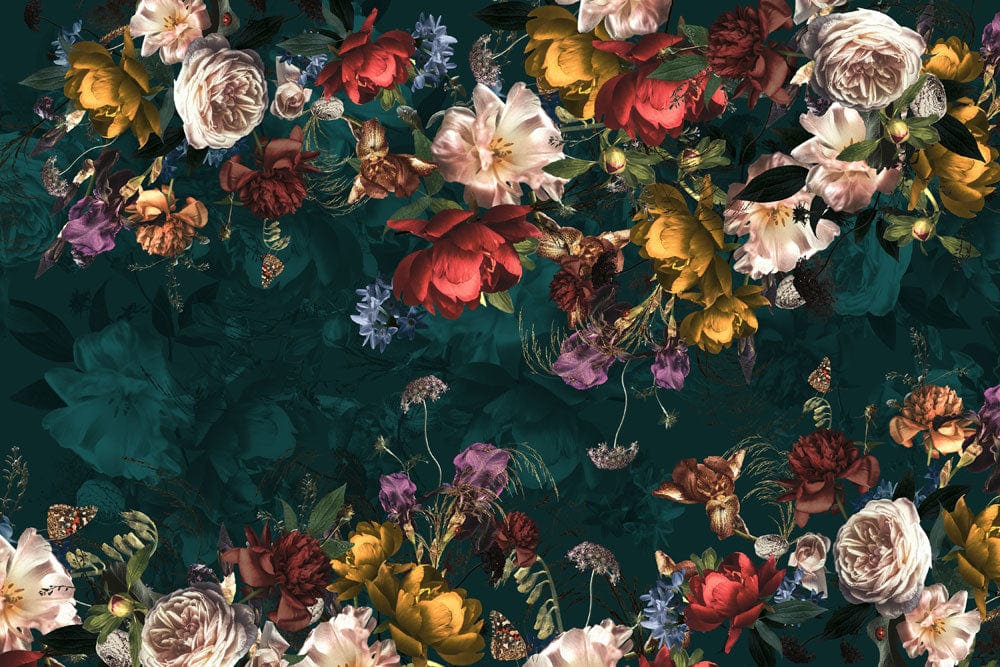 Luxurious Dark Floral Garden Mural Wallpaper with Rich Colourful Blooms