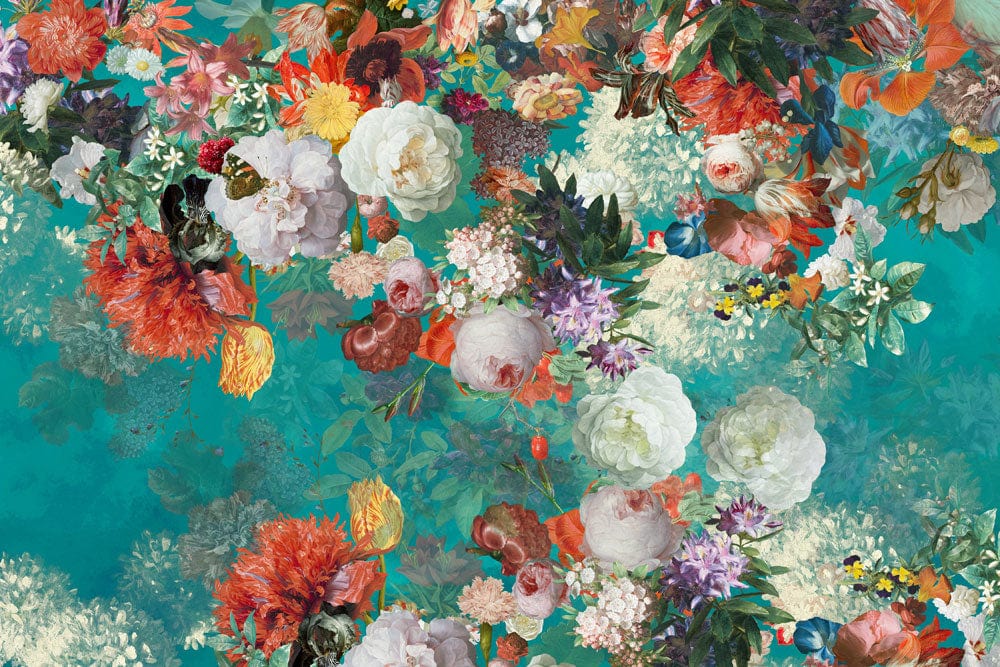 Vibrant Floral Symphony: Teal Garden Elegance Mural Wallpaper for Home Décor