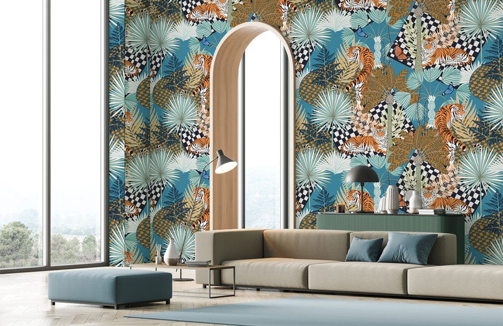 Exotic Jungle Safari Mural Wallpaper with Tigers; blue sofa; chic room decor; wooden flooring.