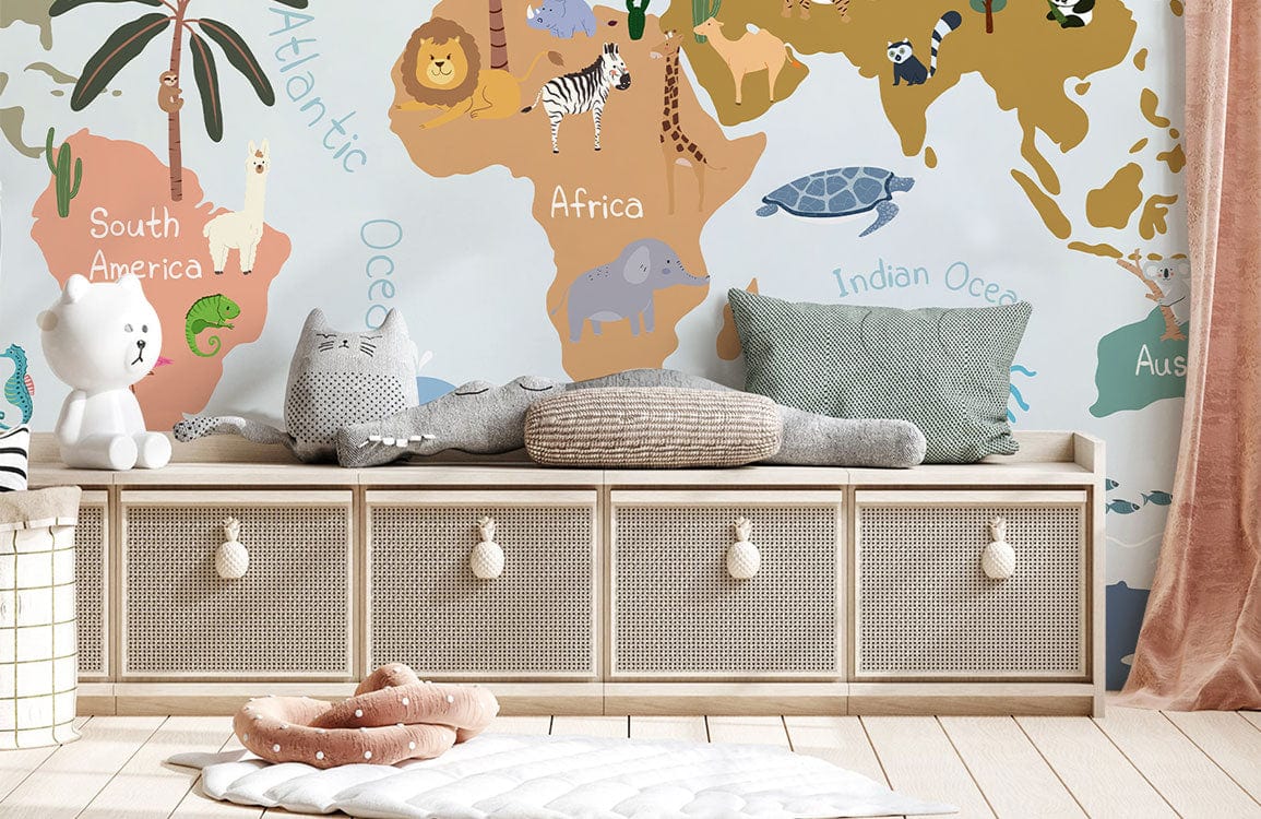 Wallpaper mural featuring a blue animal map for use in decorating a child's room