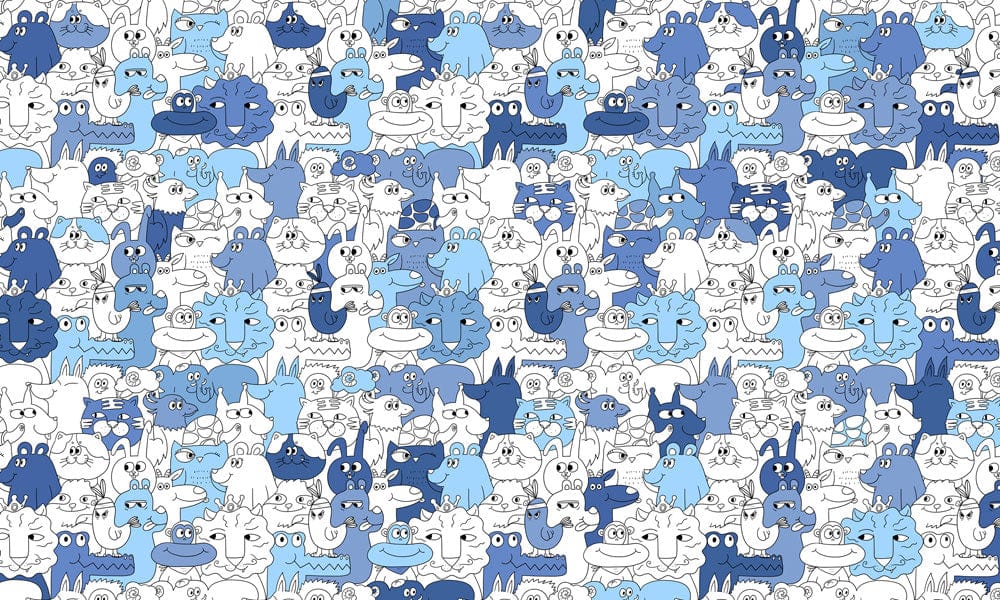 Playful Blue and White Cartoon Animal Patterned Wallpaper Design.