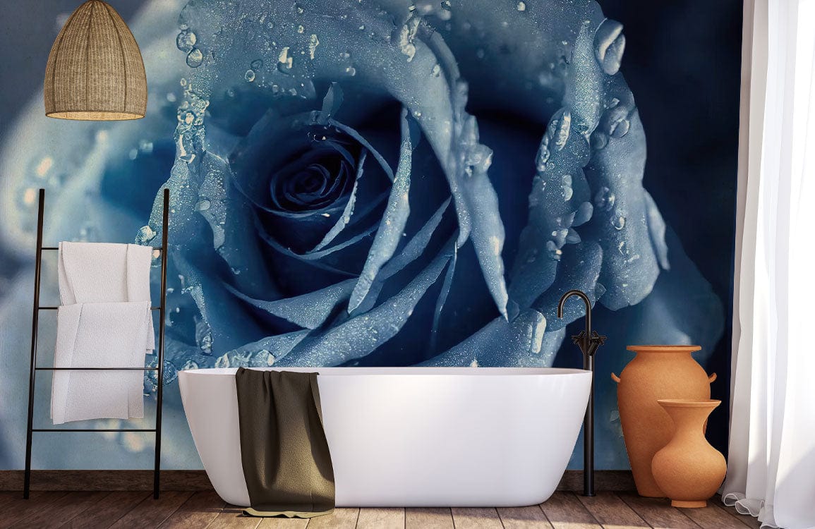 Elegant blue rose floral mural wallpaper in bathroom with freestanding tub, rustic ladder, and earthy vases.