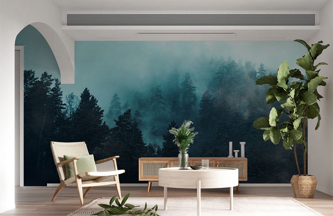 Enchanted Misty Forest Mural Wallpaper in living room with rattan chair, wooden flooring, and greenery.