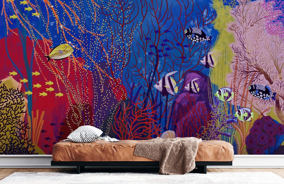 Tropical underwater mural wallpaper, vibrant seabed; brown sofa, neutral rug; perfect for living rooms.