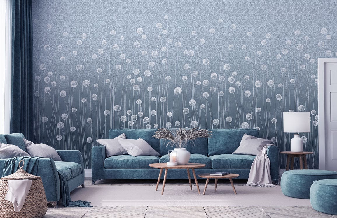 Elegant grey floral mural wallpaper in a modern living room with blue sofas and wooden tables.