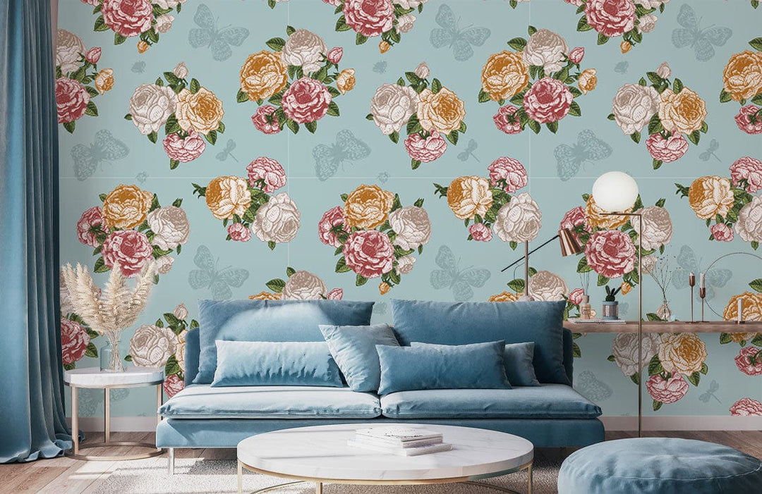 Vintage floral wallpaper with butterflies, soft blue, cosy blue sofa, round coffee table, stylish decor.