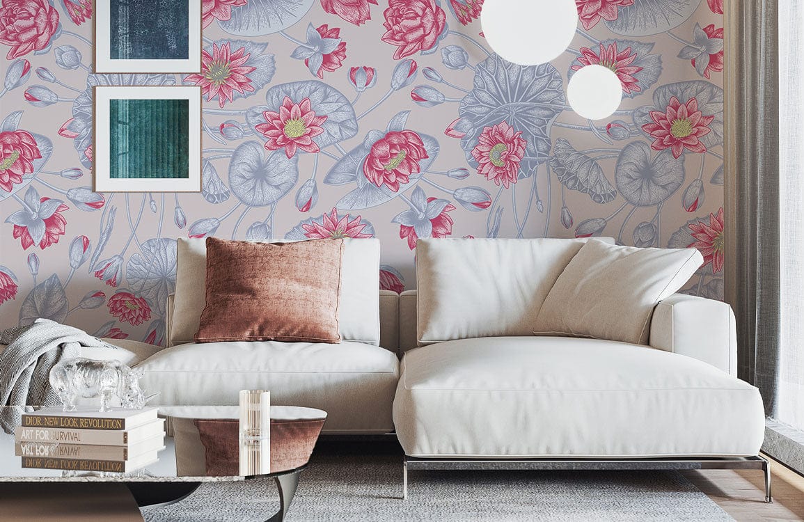 Stylish living room with Pink and Blue Lotus Blossom Botanical Wallpaper, white sectional sofa, modern decor.