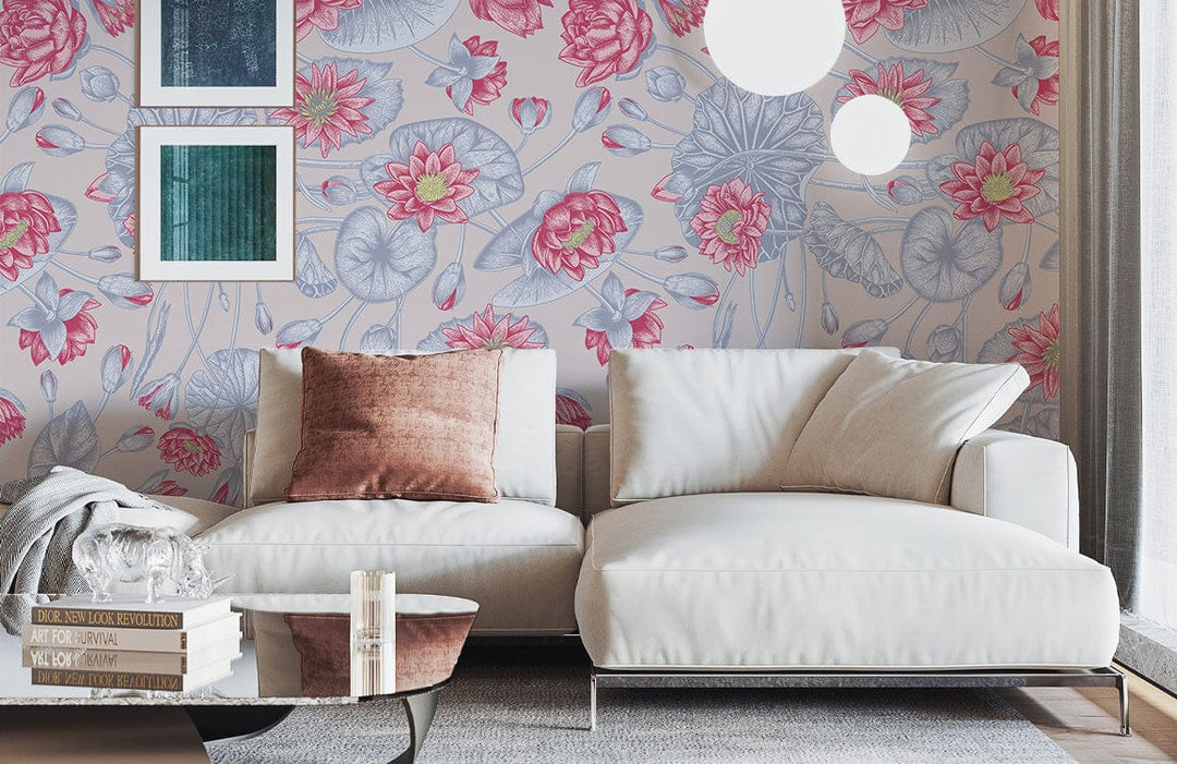 Stylish living room with Pink and Blue Lotus Blossom Botanical Wallpaper, white sectional sofa, modern decor.