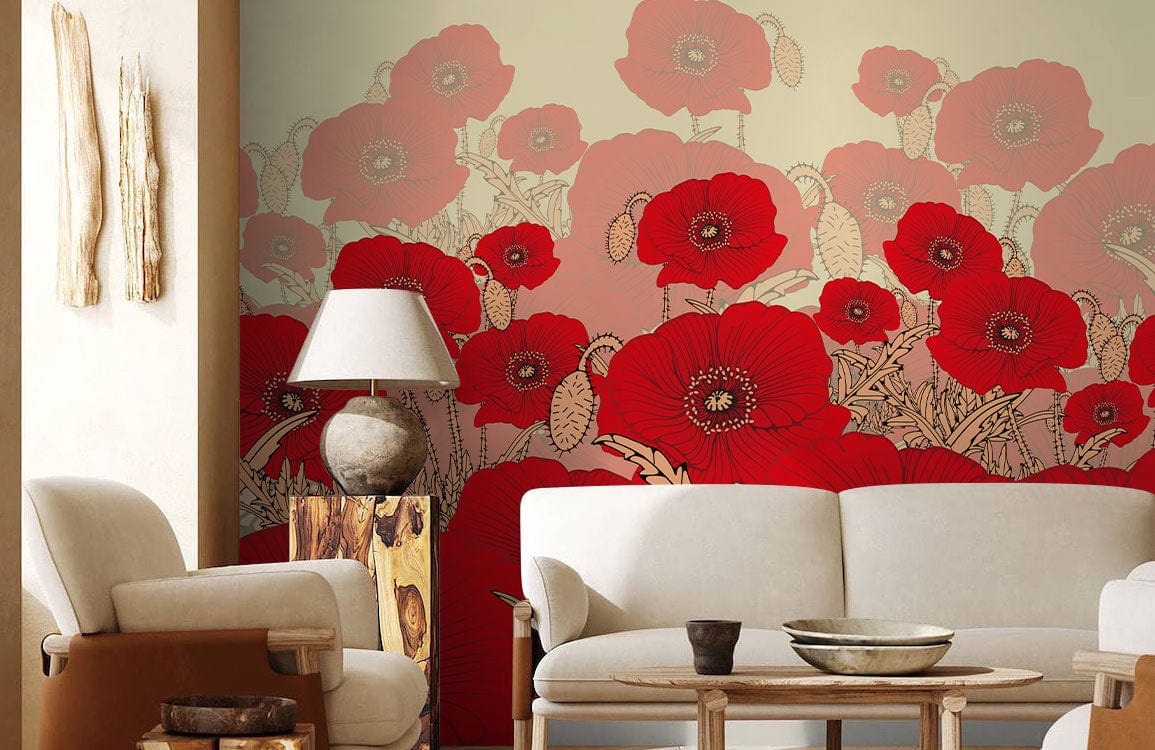 Poppy Field Mural Wallpaper in living room with beige sofas, rustic lamp, and natural wood accents.