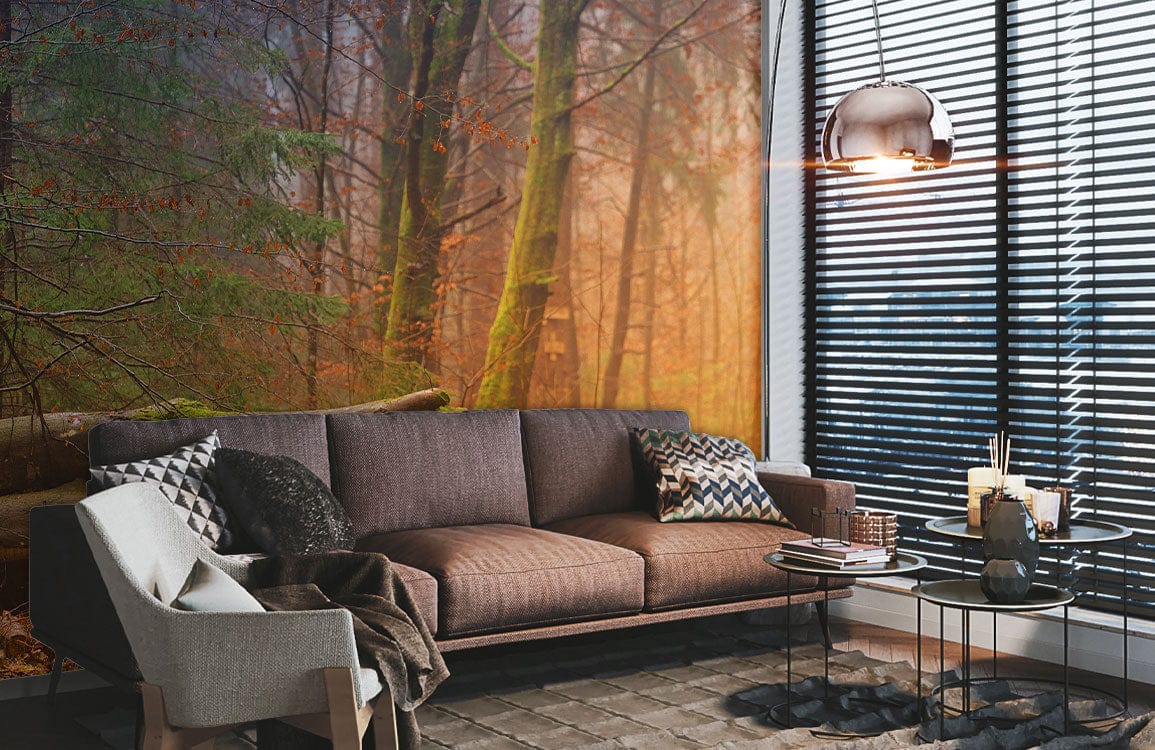 Brown sofa, armchair, and modern rug in living room with Serene Woodland Mural, Misty Autumn Forest.