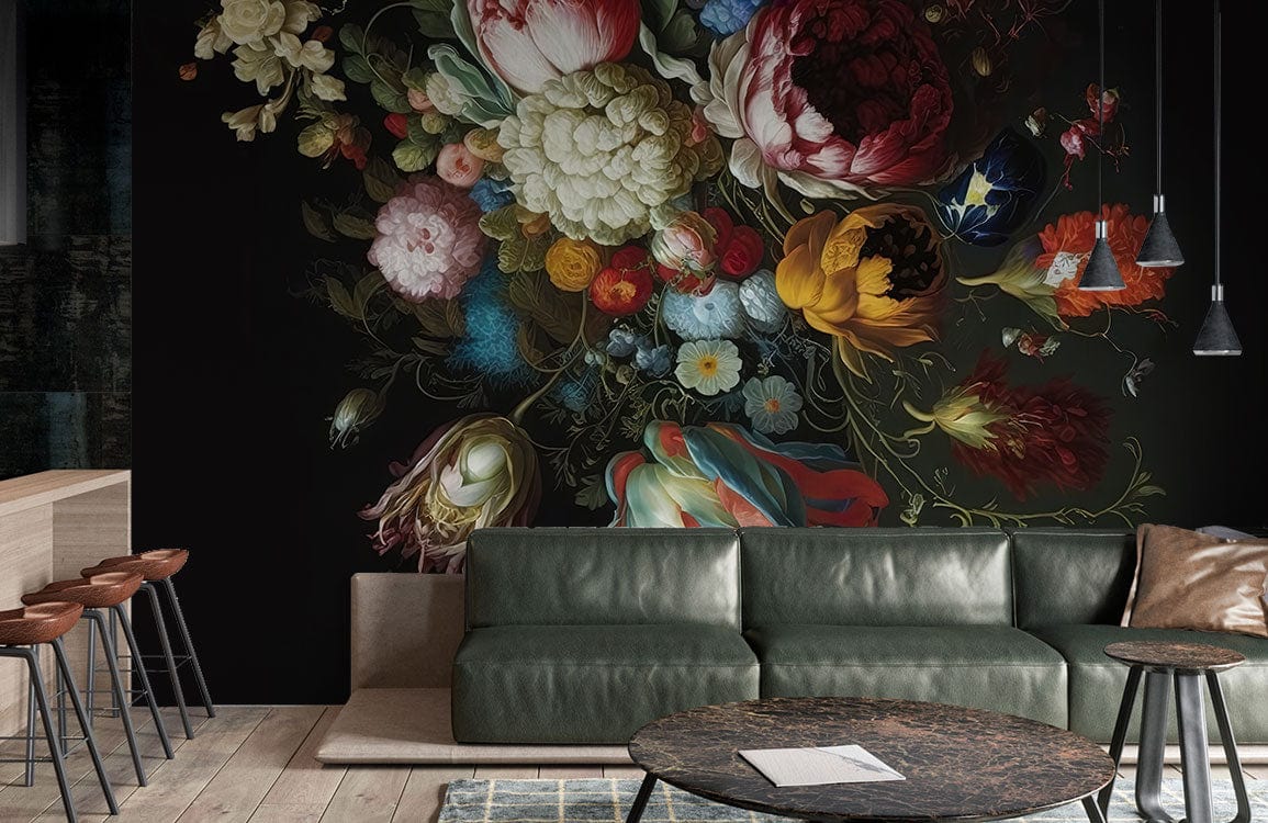 Luxurious wallpaper mural with rich colours, vintage floral design, green leather sofa, pendant lights.