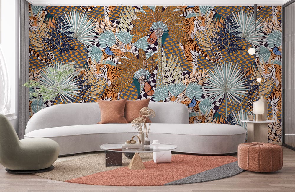Tropical safari wallpaper in living room with curved white sofa, orange pouffe, and wooden flooring.