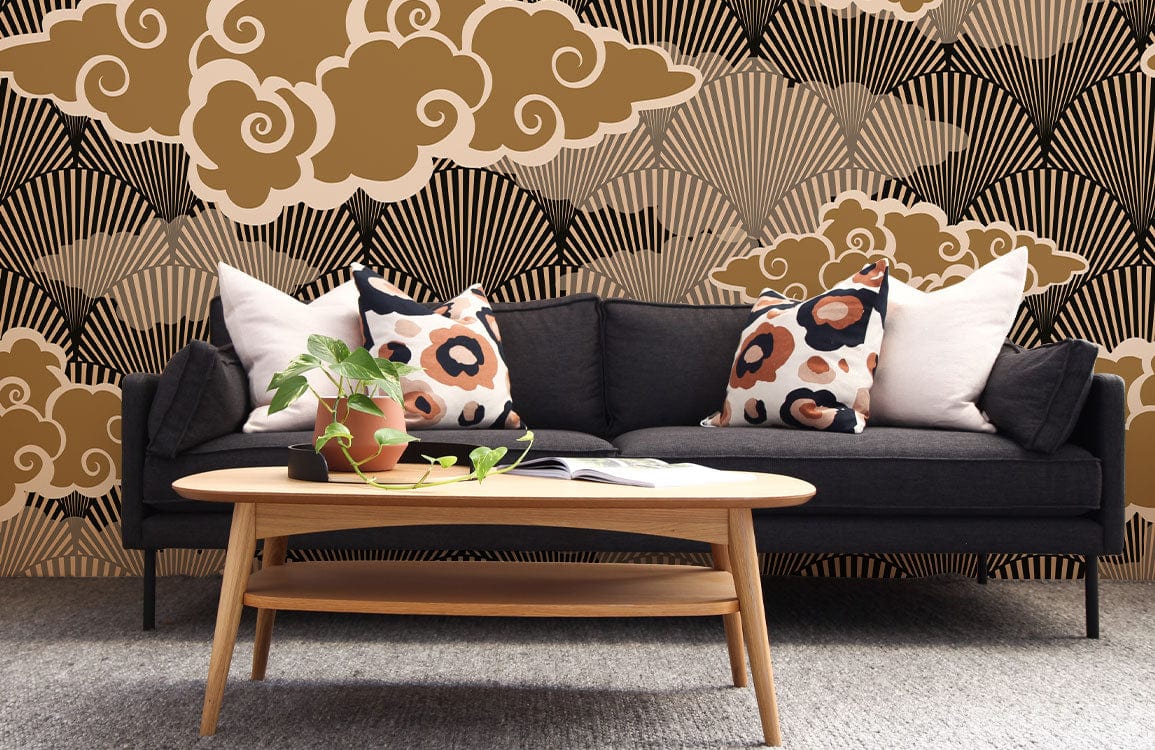Decorate your living room with this brown wallpaper mural with auspicious clouds.