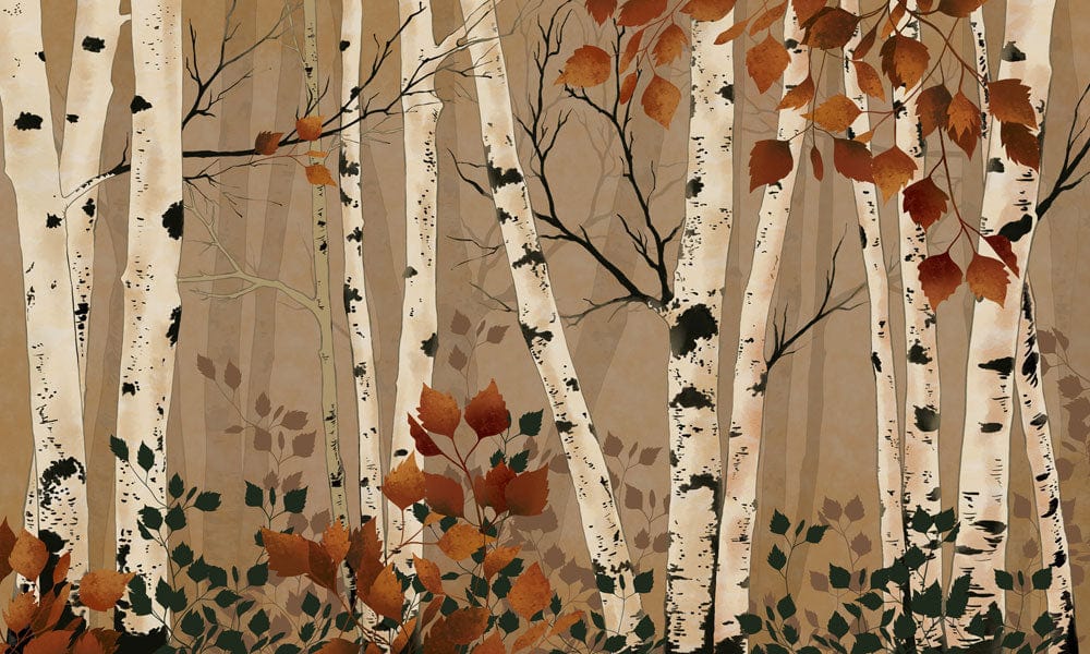 Autumn Birch Forest Mural Wallpaper in Warm Earthy Tones for Cosy Decor