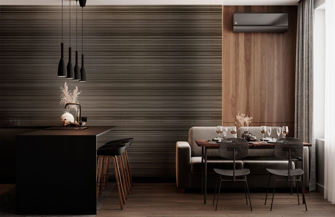 Elegant Horizontal Striped Wallpaper, earthy tones, modern dining room, grey sofa, wooden flooring, pendant lights.