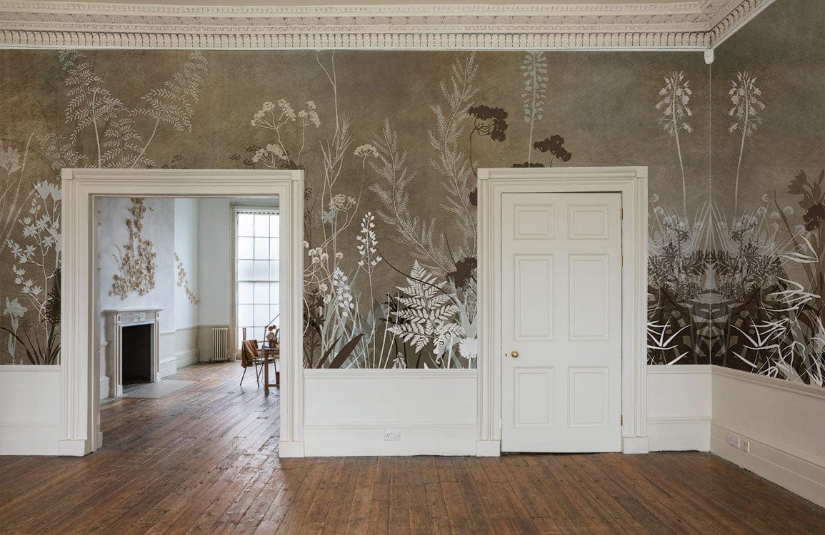 Wallcovering with a silhouette of brown bushes, perfect for use as a mural in the hallway.