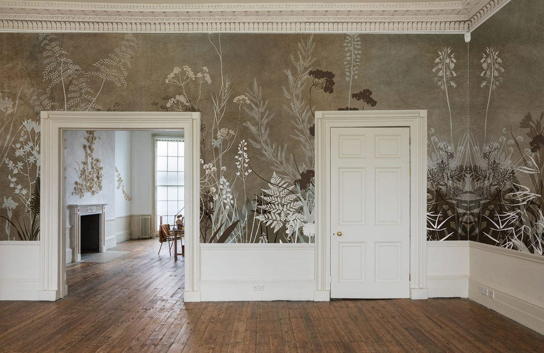 Vintage Botanical Meadow Mural Wallpaper, earthy tones, rustic sophistication, wooden flooring, classic interior design.