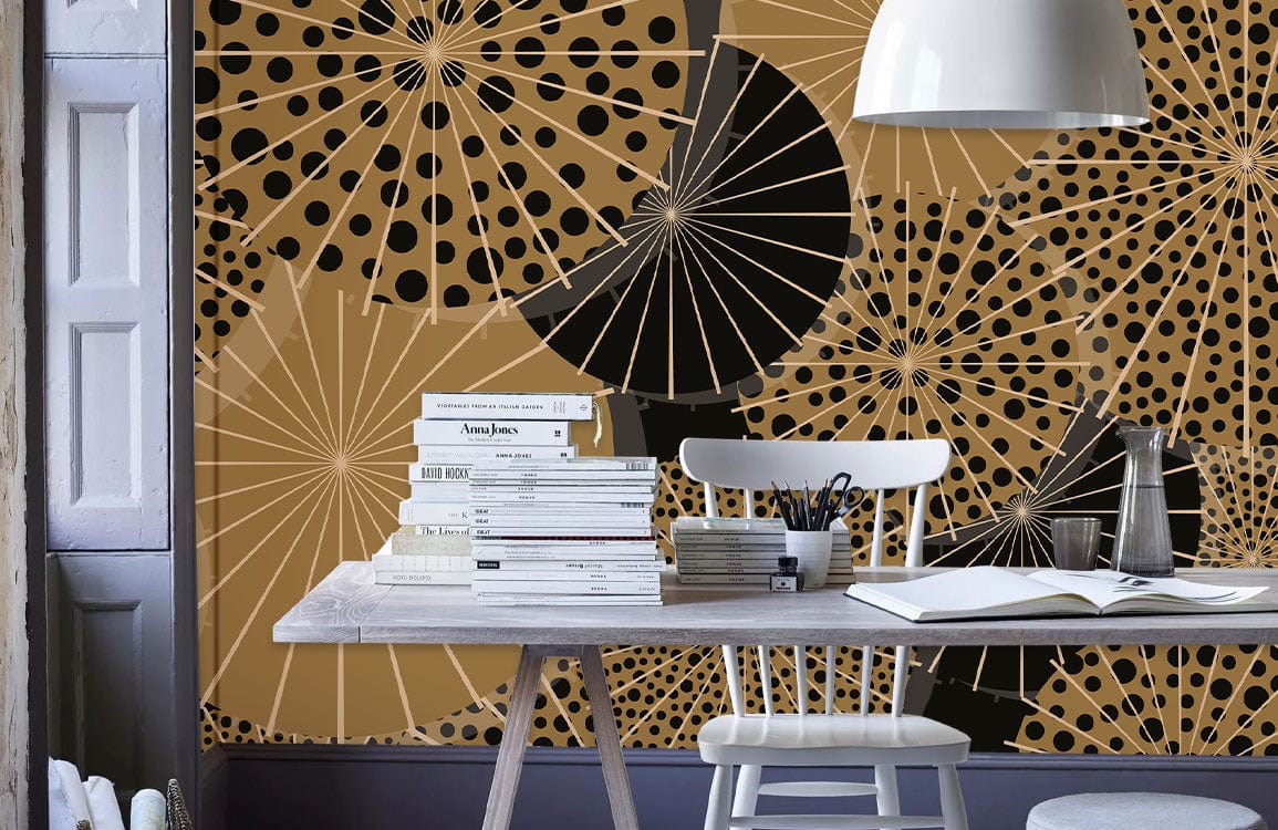 Retro Chic Black and Gold Geometric Wallpaper with White Table and Chair in Modern Interior Design.