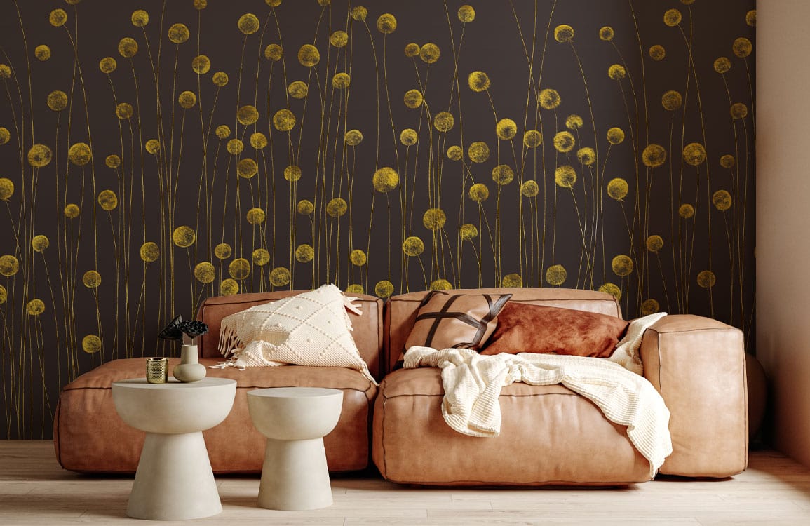 Golden Meadow floral wallpaper with modern dark brown design, beige sofa, wooden floor in living room.