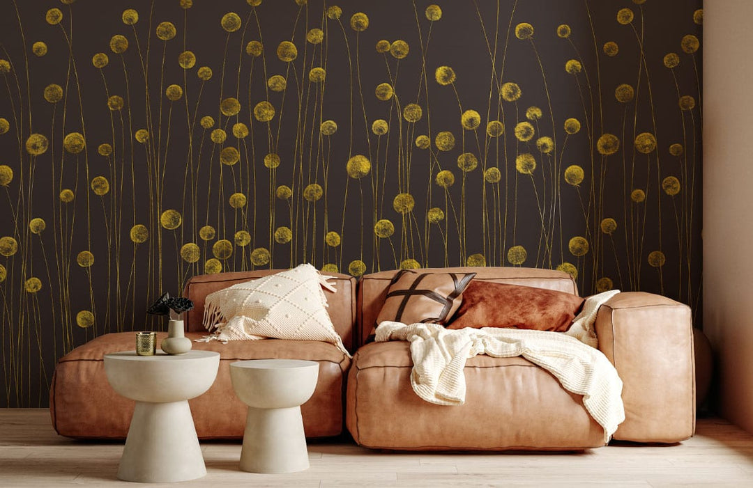 Golden Meadow floral wallpaper with modern dark brown design, beige sofa, wooden floor in living room.