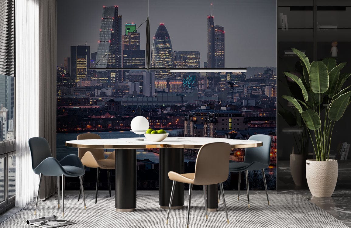 London Skyline Evening Mural in dining room with modern chairs, round table, and large potted plant.