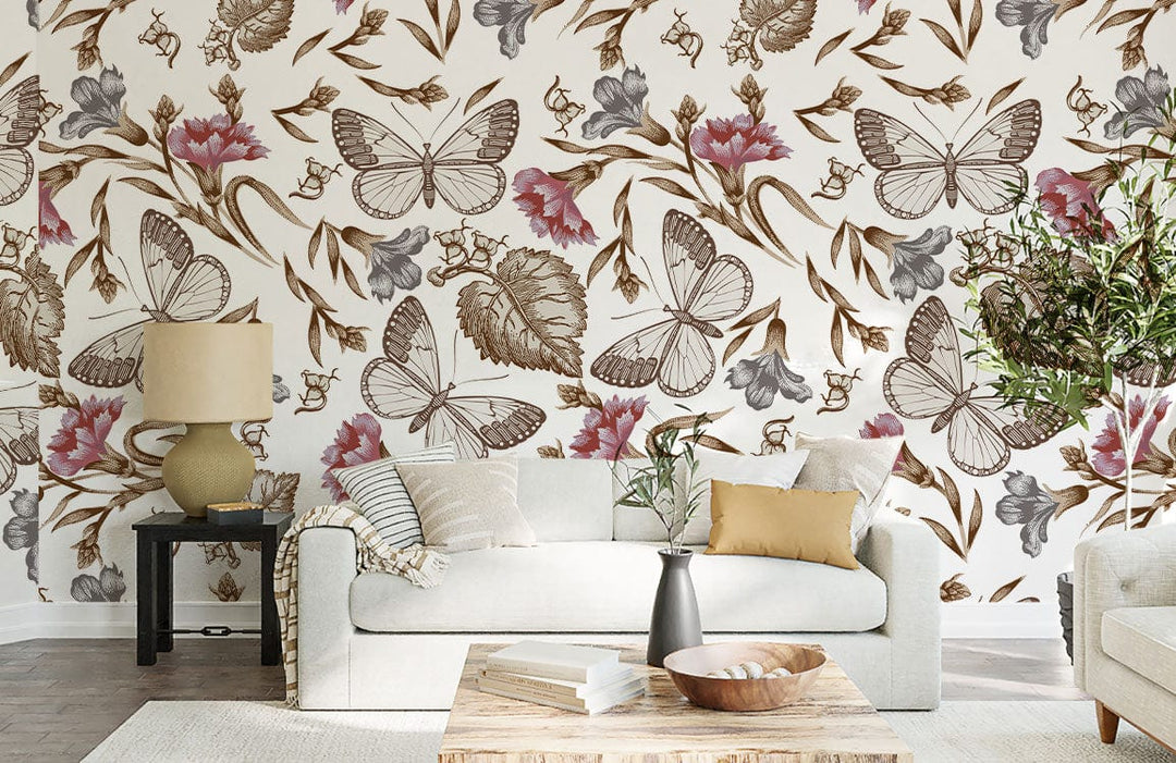 Elegant vintage floral wallpaper with butterflies, earthy tones, light sofa, wooden coffee table in living room.