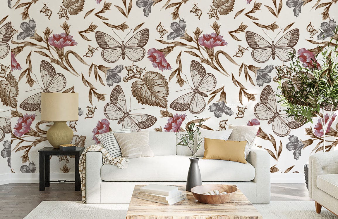 Elegant vintage floral wallpaper with butterflies, earthy tones, light sofa, wooden coffee table in living room.