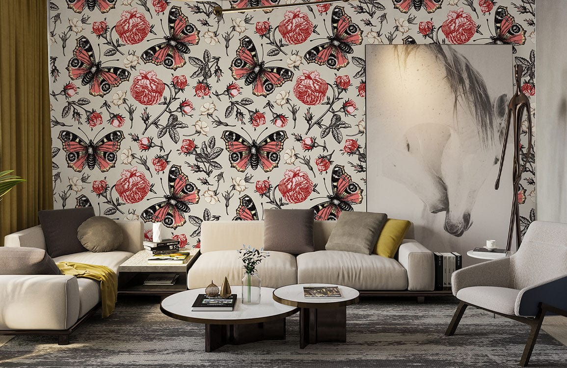 Vintage Botanical Butterfly Floral Wallpaper in stylish living room with neutral sofas, modern decor, and artwork.