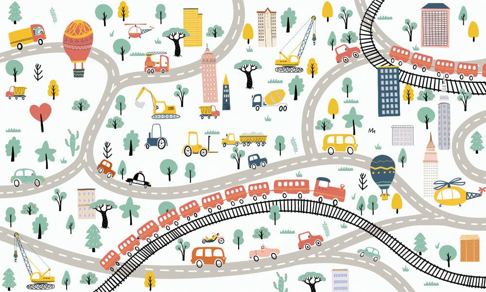 Colourful City Adventure Children's Wallpaper with Playful Roads and Vehicles Design
