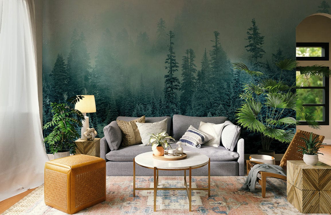 Misty Forest Green Landscape Mural Wallpaper, grey sofa, modern coffee table, living room setting, wooden floor.