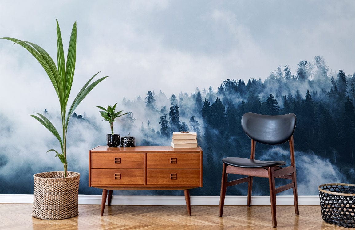 Misty Forest Landscape Mural Wallpaper in living room; mid-century furniture, wood flooring, potted plant.