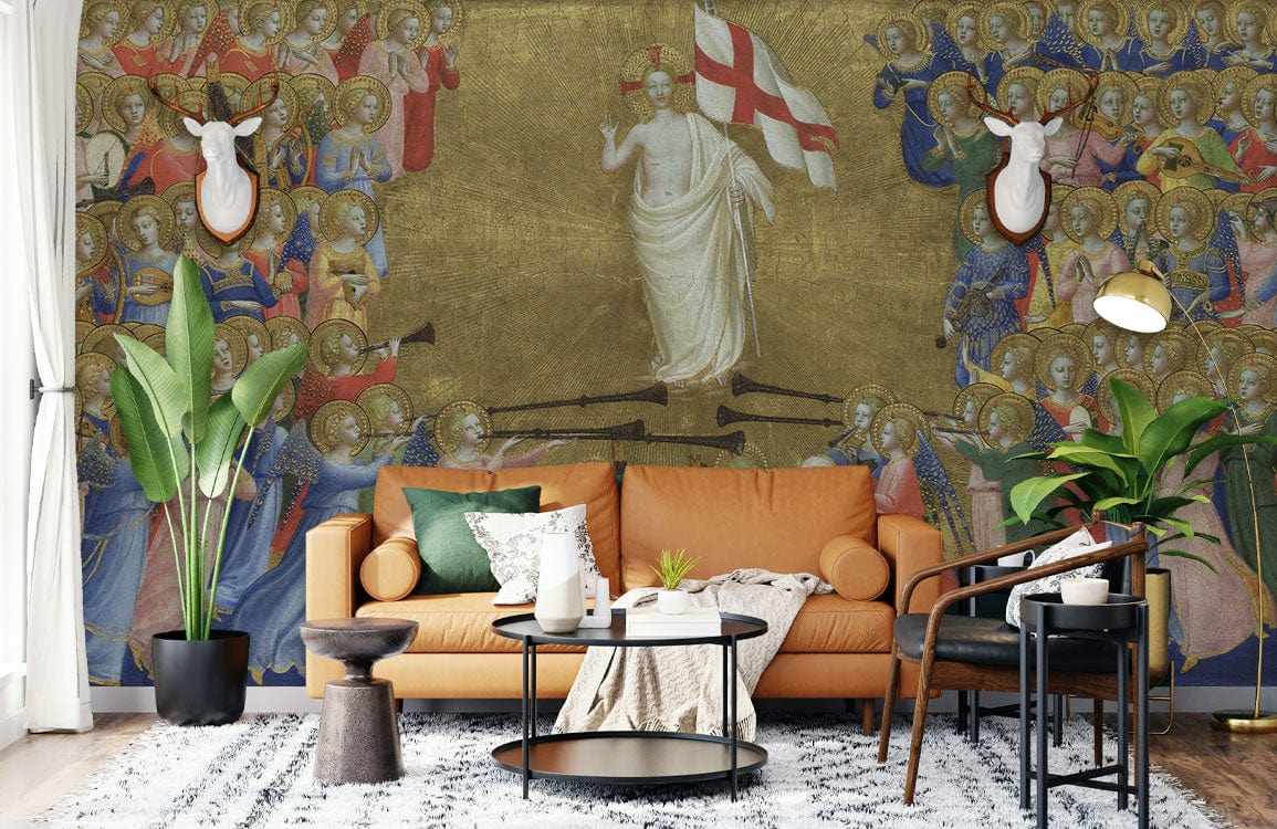 Medieval Gothic mural wallpaper, gold hues, brown leather sofa, black and white rug, living room.