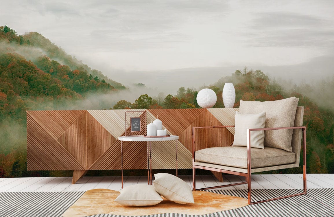 Autumn Mist Mountainscape Mural Wallpaper, rustic wooden furniture, beige armchair, modern room Décor.