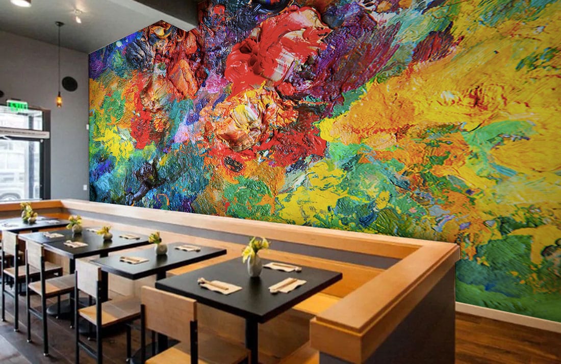 Wallpaper mural with a cluttered palette for use as the dining room's decor.