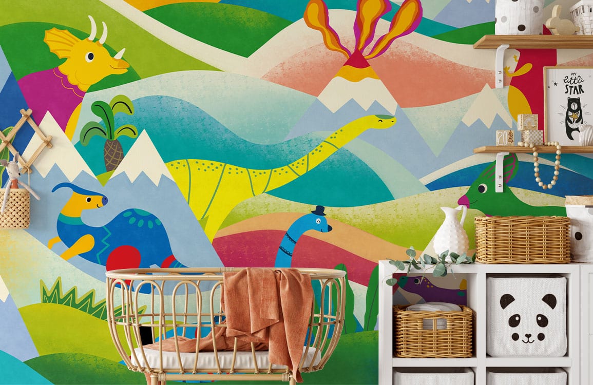 Colourful dinosaur adventure mural in kids room, bamboo crib, white shelves, woven baskets, playful decor.