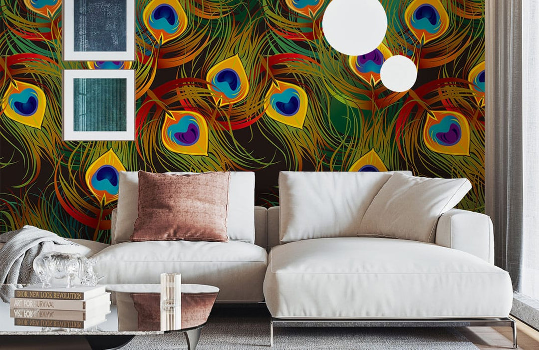 Luxurious Peacock Feather Wallpaper, vibrant Art Deco, beige sofa, modern white frames, living room.