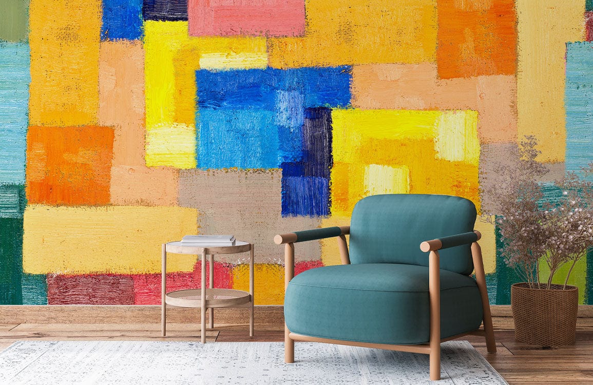 Decorate your hallway with this eye-catching paint and wallpaper mural using colourful rectangles.