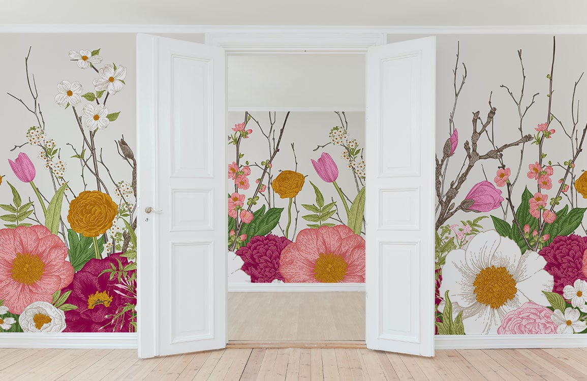 Vibrant Floral Garden Mural Wallpaper graces white-walled living room; natural wood flooring enhances elegance.