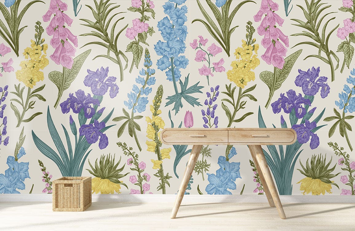 Vintage Floral Meadow Wallpaper in pastel hues, with wooden desk and light flooring in living room.