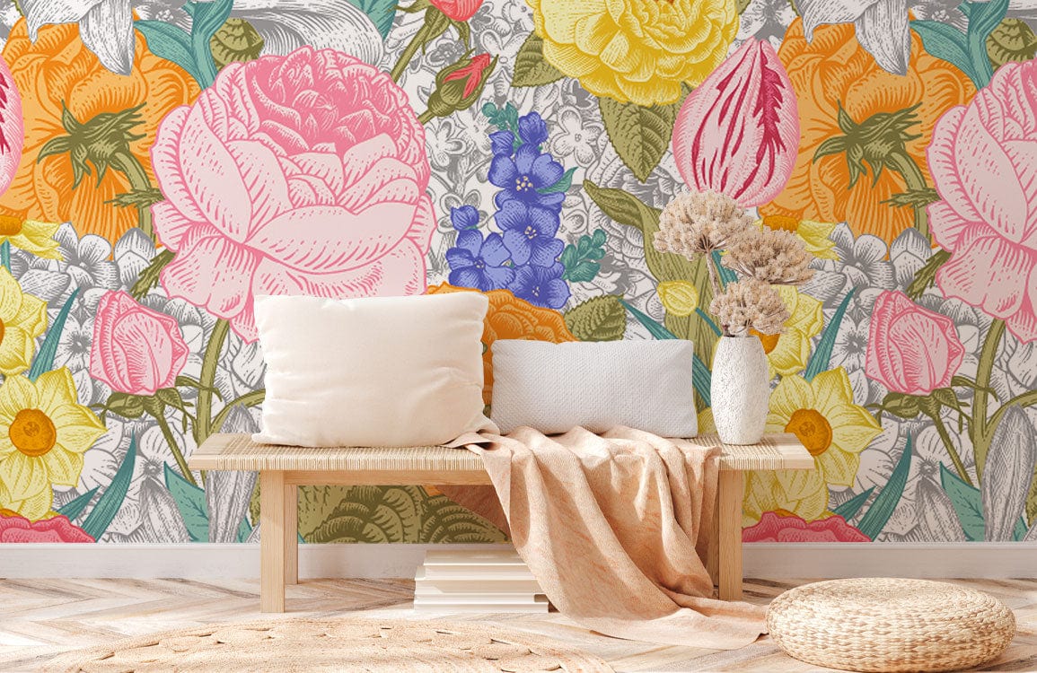 Vibrant floral vintage garden mural with wooden bench, cosy cushions, and stylish soft furnishings.