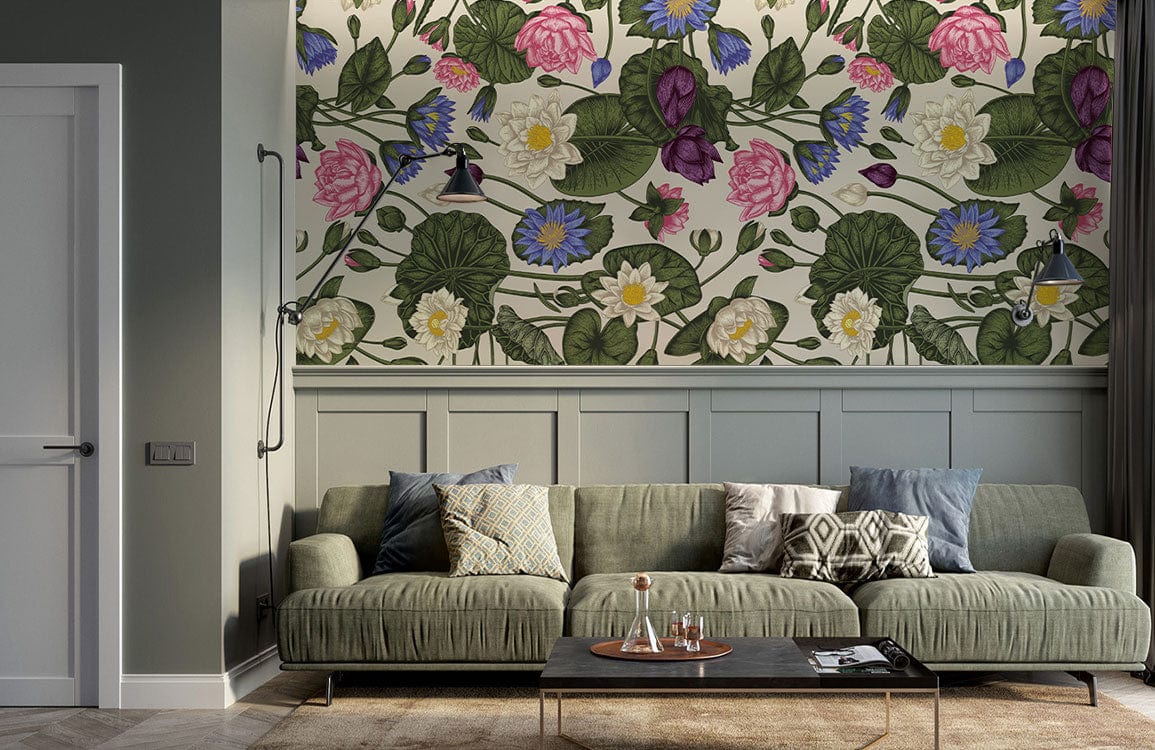Vibrant floral wallpaper in green, pink, purple enhances modern living room with olive sofa, grey wall.