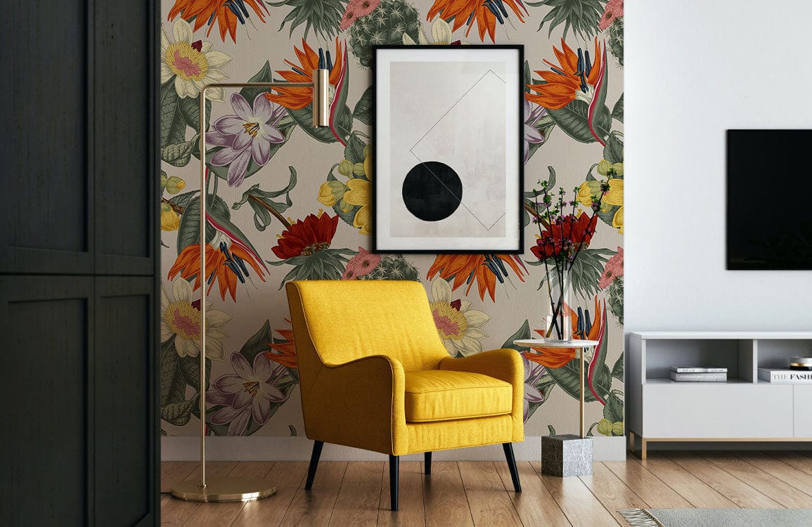 Vintage Floral Botanical Wallpaper with colourful blossoms, yellow chair, wooden floor, elegant lounge setting.