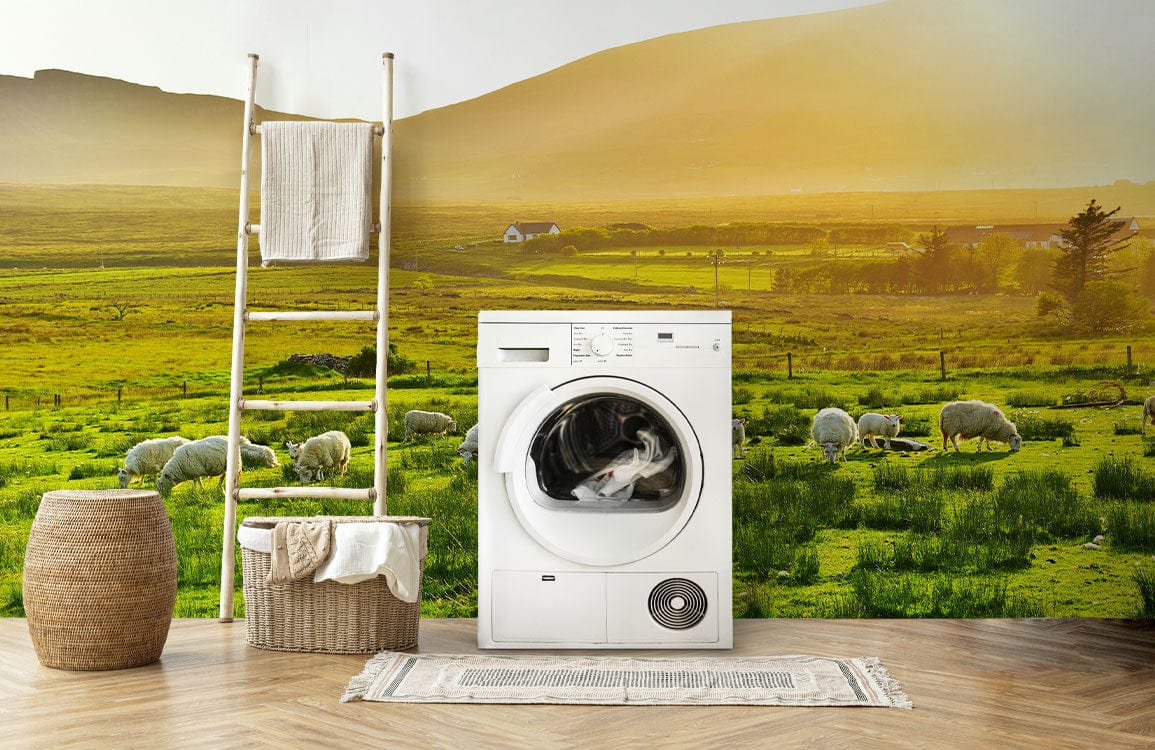 Tranquil countryside wallpaper with sheep pastoral scene, washing machine, wicker basket, parquet flooring.