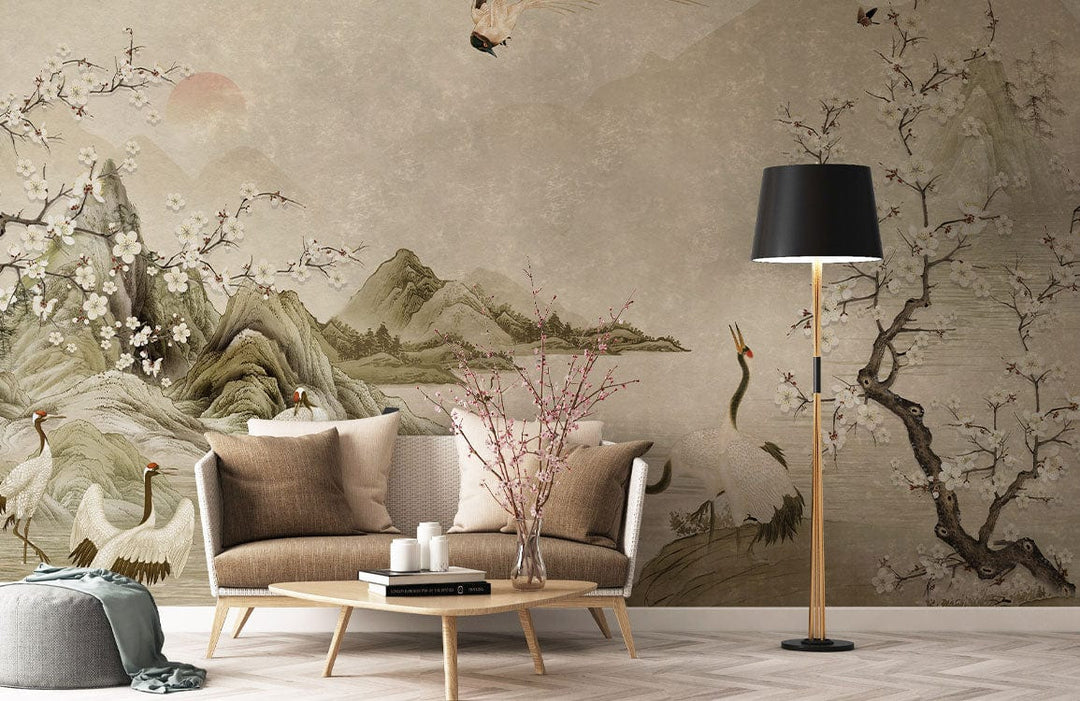 Serene Oriental Crane Landscape Mural Wallpaper with beige sofa, wooden table, black lamp, and neutral decor.