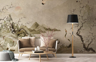 Crane Landscape Painting Wallpaper Mural