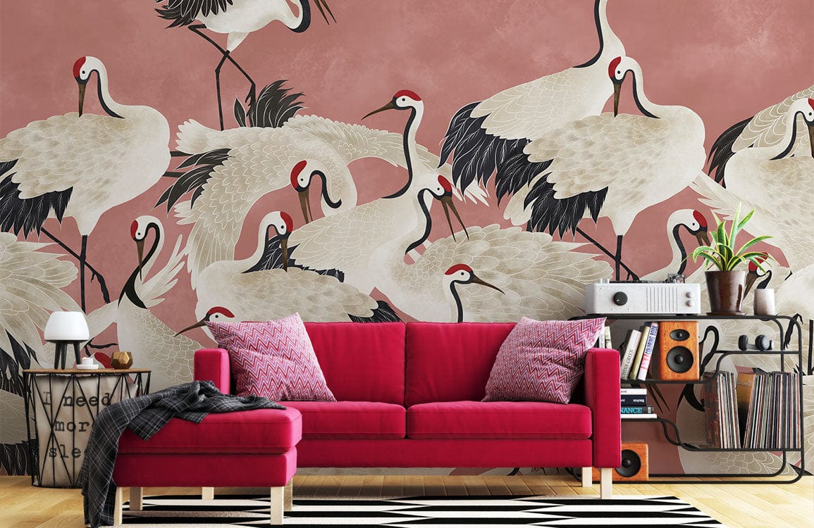 Elegant Coral Crane Pattern Wallpaper in Japanese style, featuring red sofa, geometric rug, artistic decor elements.