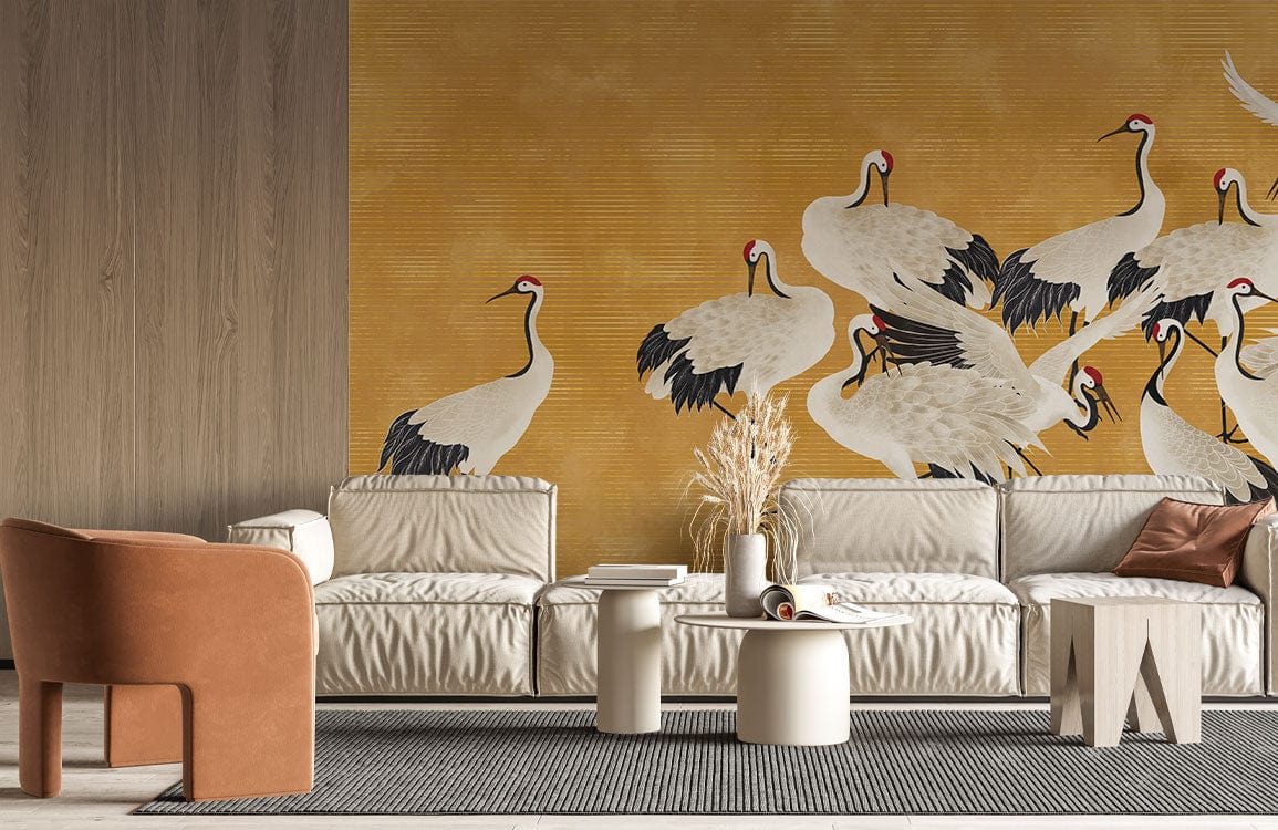 Elegant Golden Crane Mural Wallpaper in living room with beige sofa, wooden accents, and patterned rug.