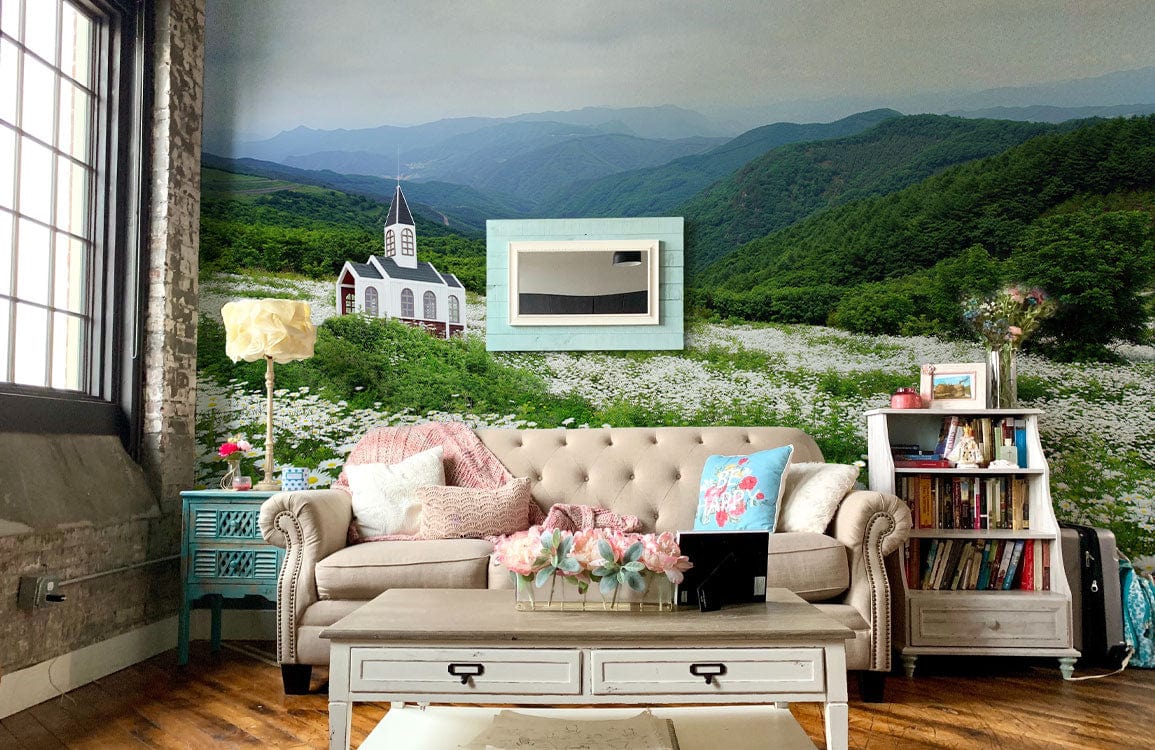 Wall Mural with Daisies and a Mountain for Your Family Room