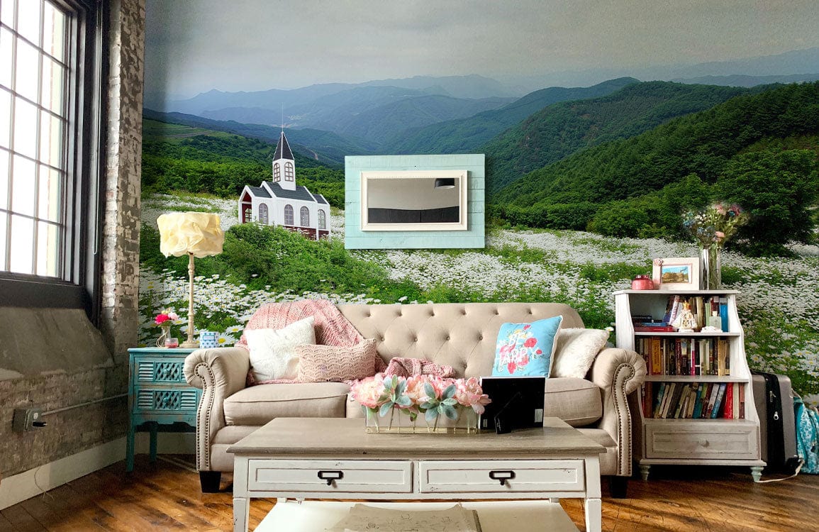 Daisy Field on Mountain Wallpaper Mural
