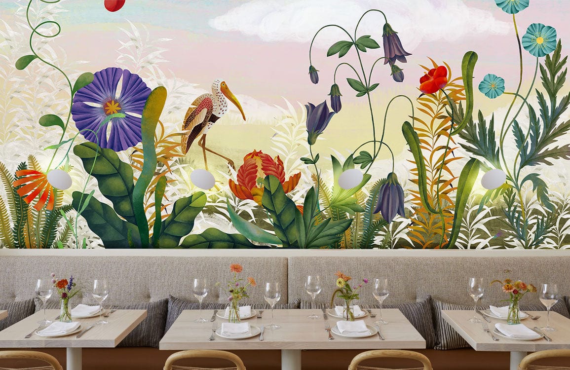 Whimsical Floral Fantasy Wallpaper in vibrant dining area with wooden chairs and neutral seating.